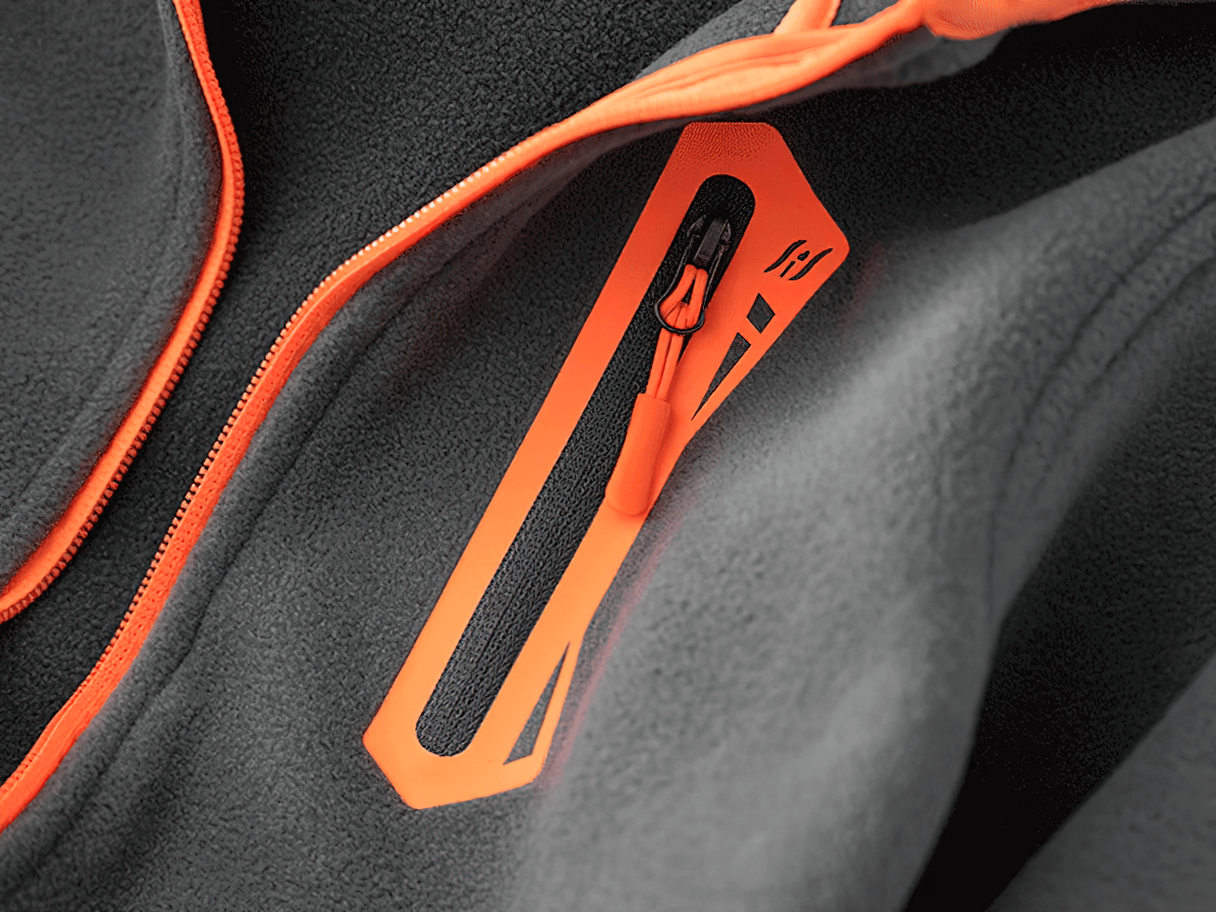 Close-up of the Windproof Fleece Hooded Zip Jacket for Kids - SF3551 showing contrast zipper details on grey fabric.