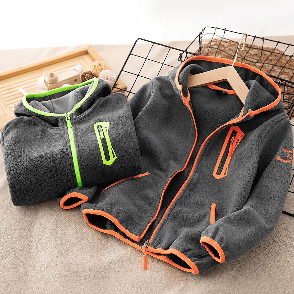 Windproof Fleece Hooded Zip Jacket for Kids - SF3551 in stylish grey with neon accents, perfect for outdoor adventures.