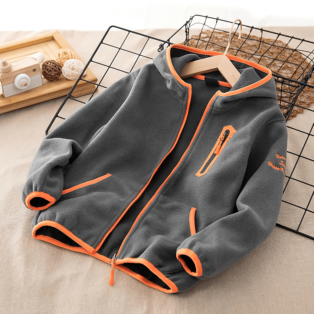 Windproof Fleece Hooded Zip Jacket for Kids - SF3551 in gray with orange zipper and hood accents, perfect for outdoor adventures.