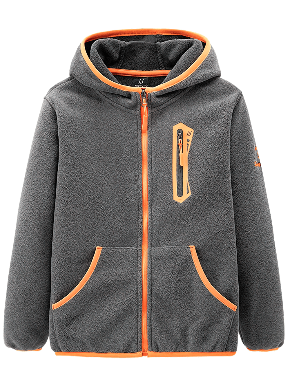 Windproof Fleece Hooded Zip Jacket for Kids - SF3551 with orange contrast zippers and pockets, perfect for outdoor adventures.