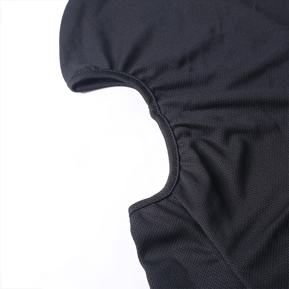 Close-up of black windproof balaclava with breathable fabric, designed for skiing and motorcycling. Secure fit under helmets.