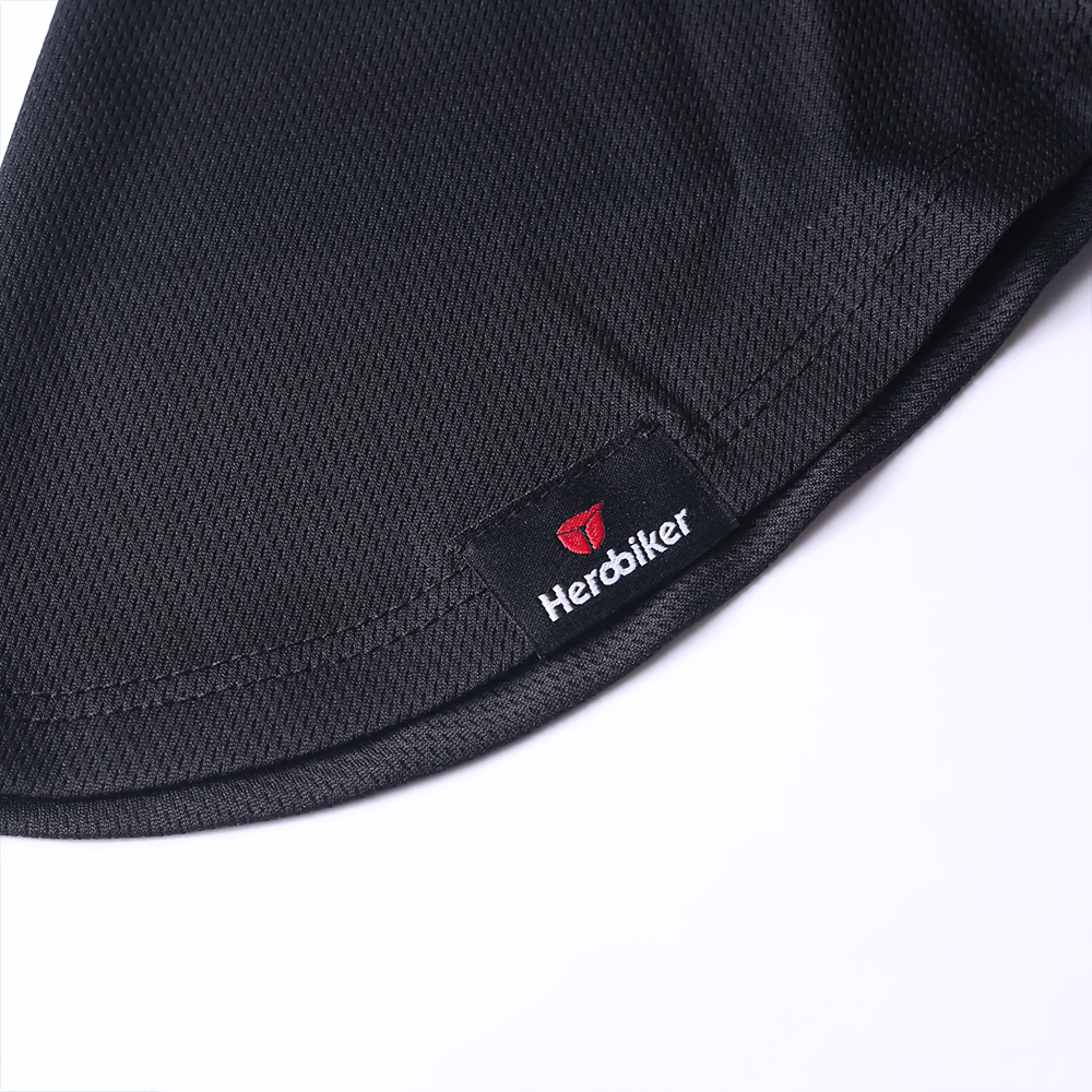 Close-up of black windproof balaclava fabric with Herobiker logo, showing breathable design for outdoor sports like skiing and cycling.