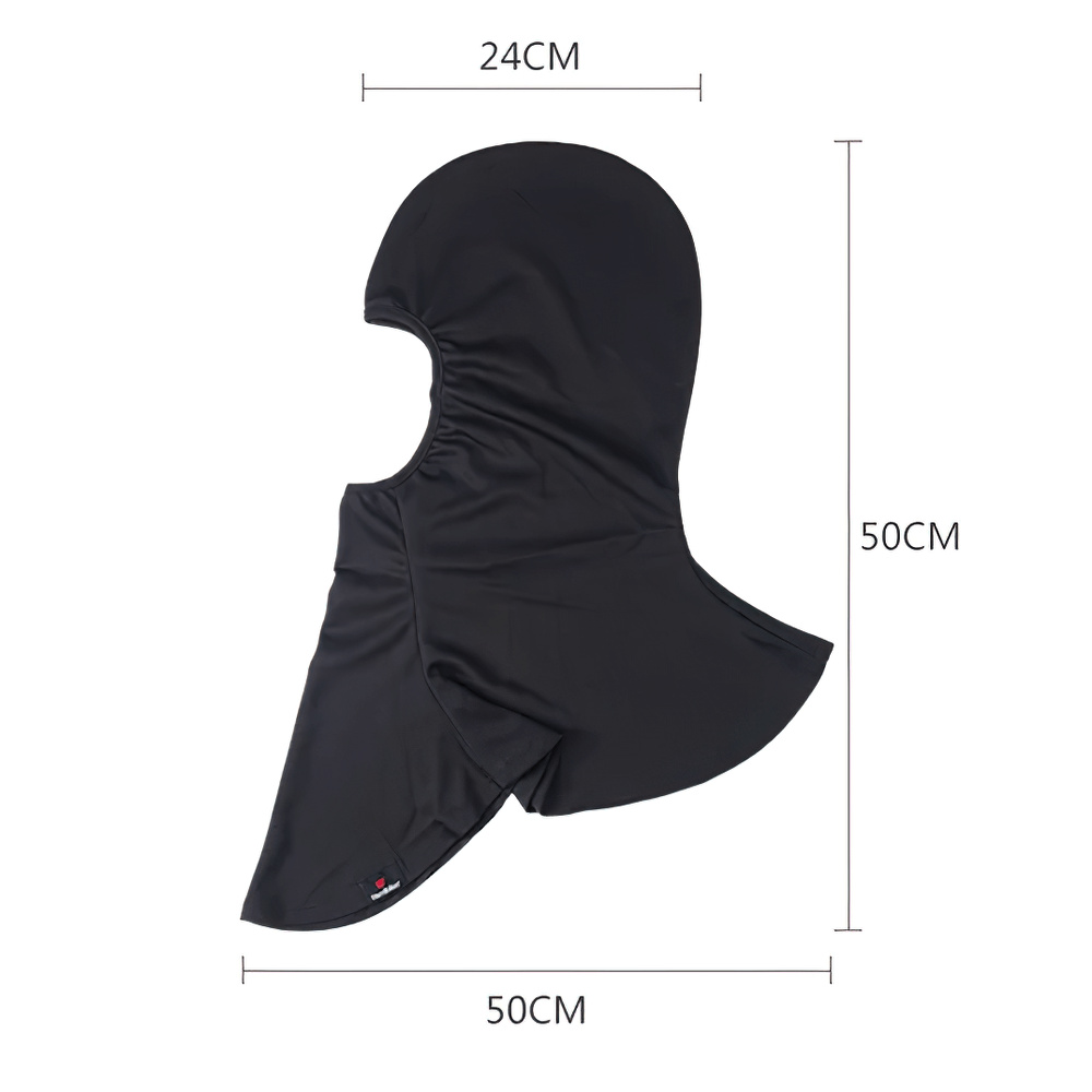 Windproof full face balaclava ski mask SF2496, breathable motorcycle and ski face covering, black, with dimensions shown, 24x50cm.