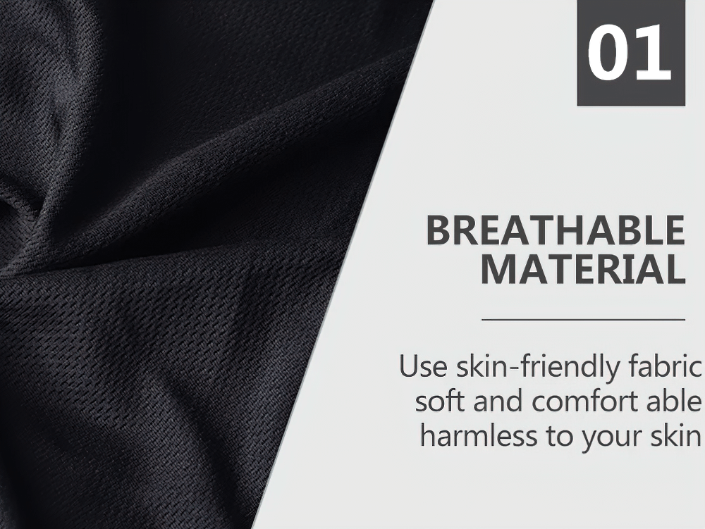 Breathable material detail of black full-face ski mask with skin-friendly, comfortable fabric description.