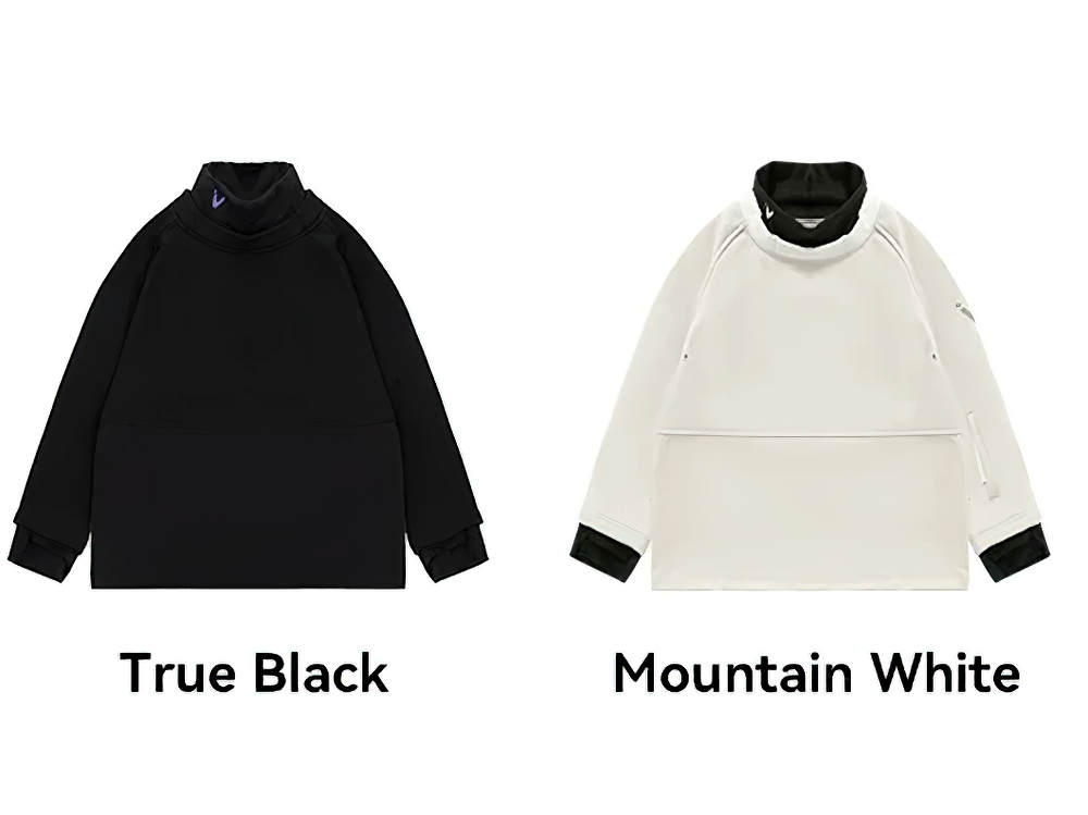 True Black and Mountain White snowboard pullovers with thumb cuffs and ventilation for winter sports enthusiasts.