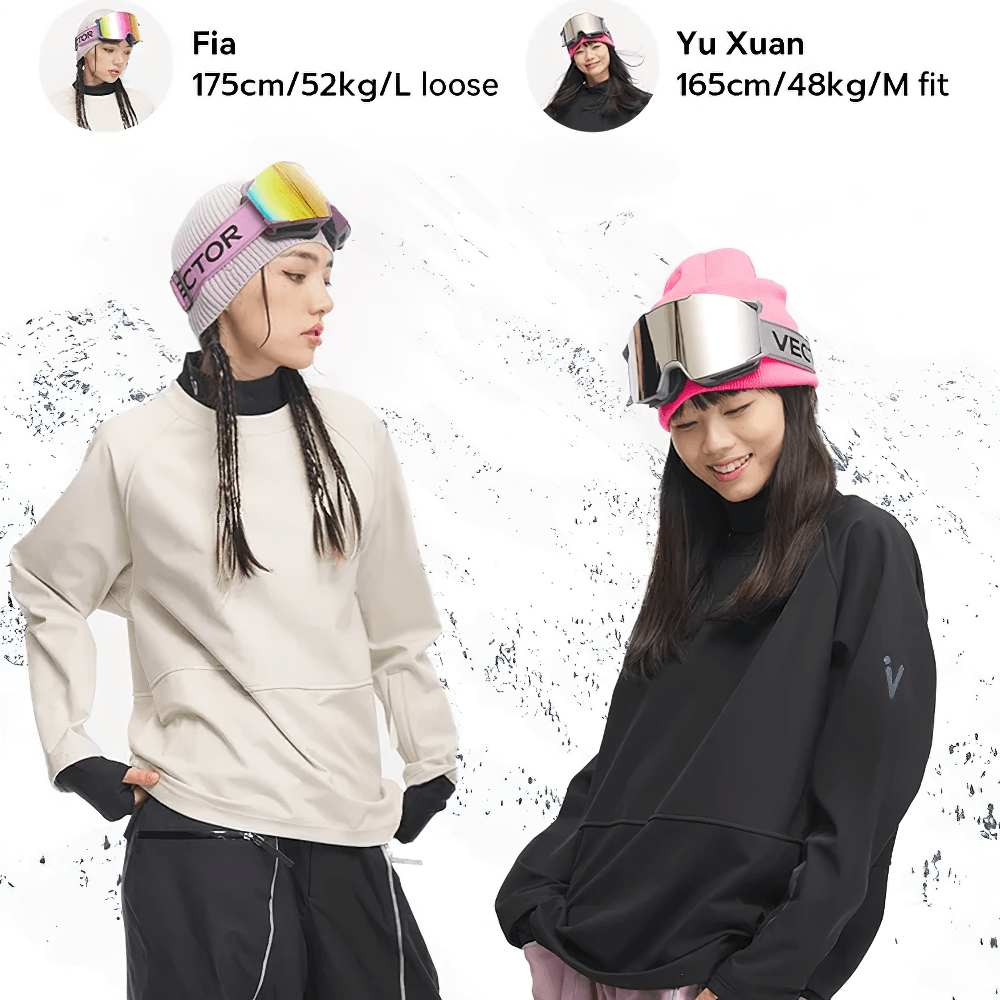 Two models wearing stylish snowboarding pullovers with goggles, featuring windproof design and thumb cuffs against a snowy backdrop.