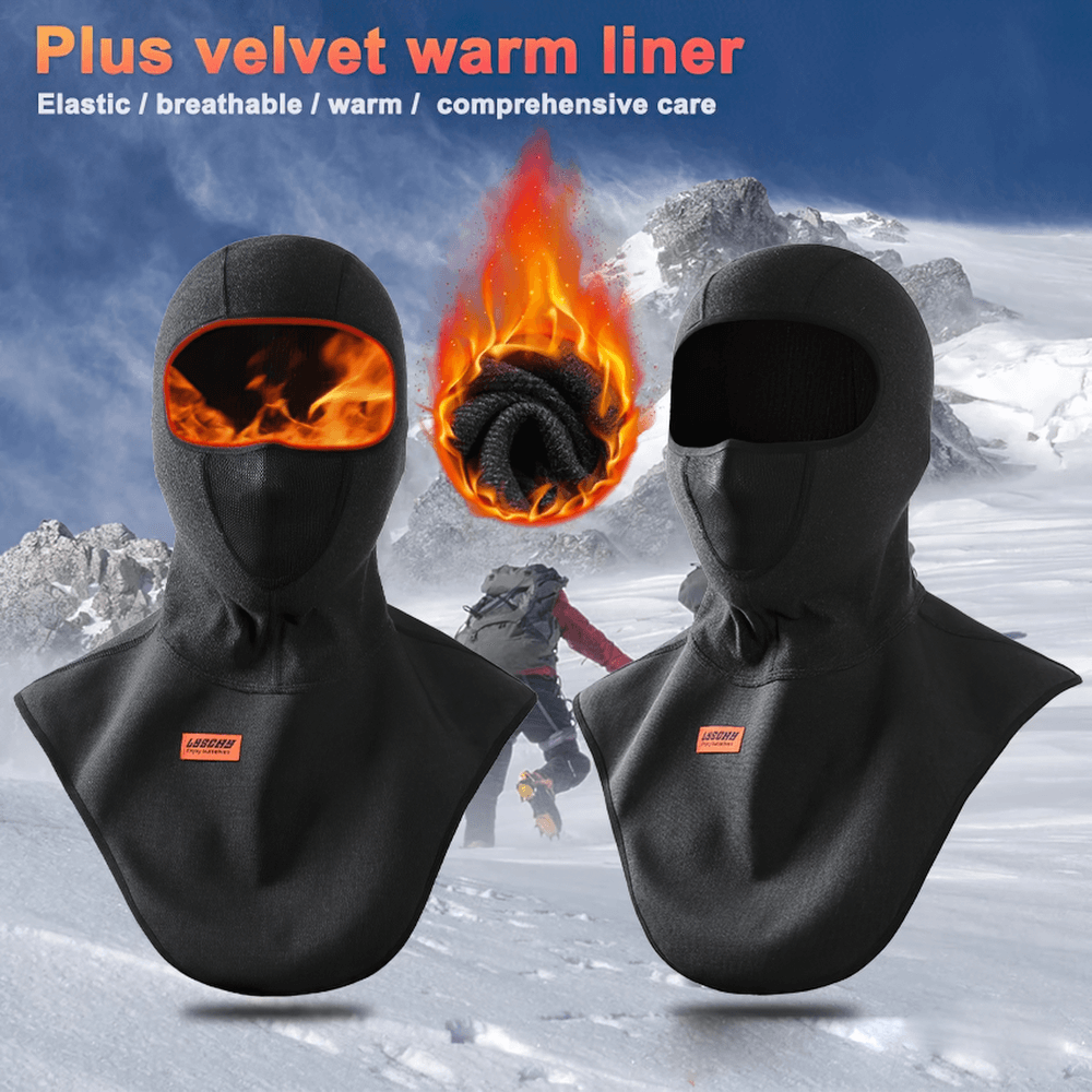 Windproof thermal fleece balaclava with fire graphic, perfect for skiing, motorcycling, and outdoor sports in cold weather.