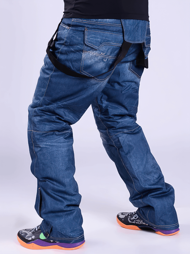 Stylish windproof thermal snowboard denim pants with suspenders, perfect for skiing and snowboarding in cold weather.