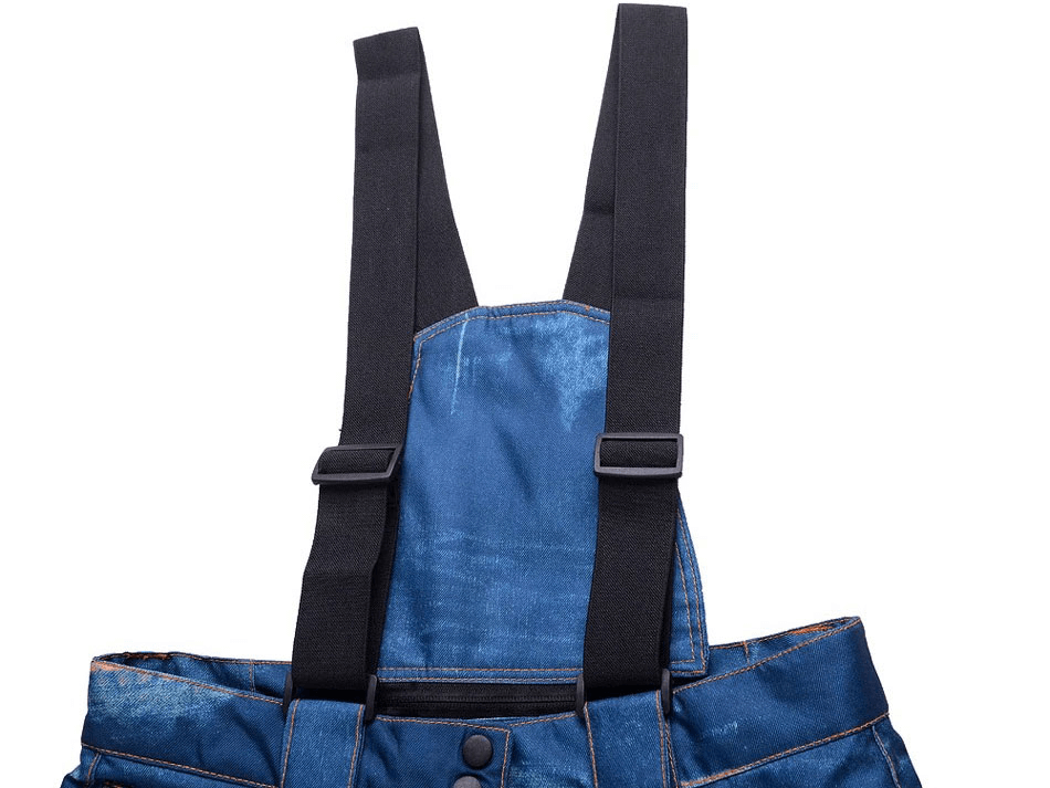 Windproof thermal snowboard denim pants with adjustable black suspenders for superior warmth and comfort in cold weather activities.