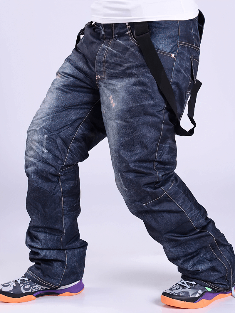 Windproof thermal snowboard denim pants with suspenders, perfect for skiing. SF1883, cozy and stylish winter wear for cold weather.