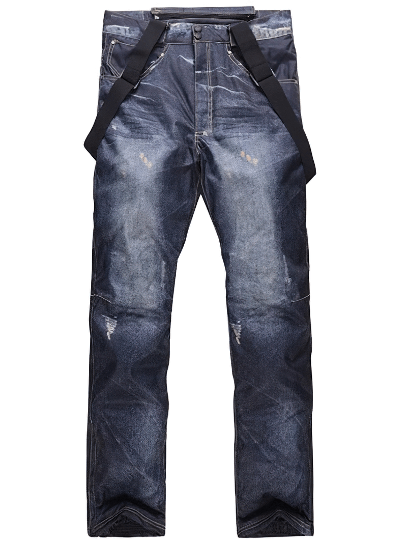 Windproof thermal snowboard denim pants with suspenders SF1883, ideal for skiing and snowboarding, featuring secure zipper fly closure.