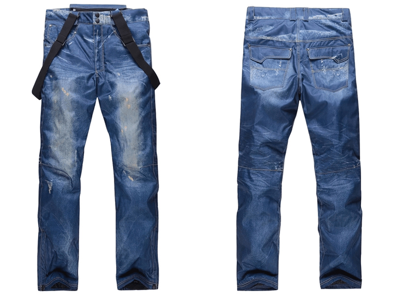 Windproof Thermal Snowboard Denim Pants with Suspenders SF1883 for skiing, featuring a zipper fly and windproof fabric.
