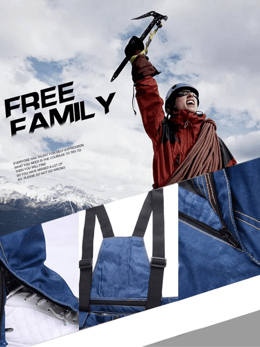 Adventurer wearing red jacket and blue windproof denim pants with suspenders, celebrating on snowy mountain, showcasing outdoor gear.