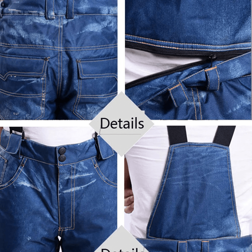 Close-up details of windproof thermal snowboard denim pants SF1883 with suspenders, showcasing zipper and pocket features.
