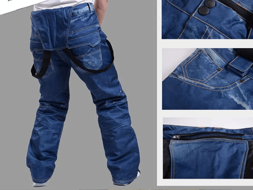 Windproof Thermal Snowboard Denim Pants with Suspenders - SF1883, blue polyester, secure zipper, perfect for skiing.