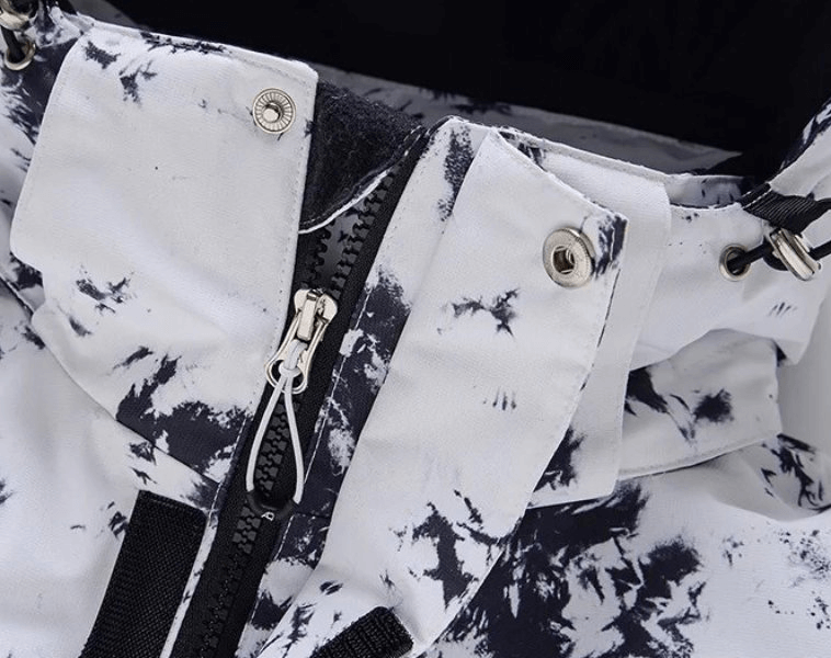 Close-up of windproof thickened women's ski jacket SF1763 with hood, featuring a waterproof zipper and stylish black-and-white design.