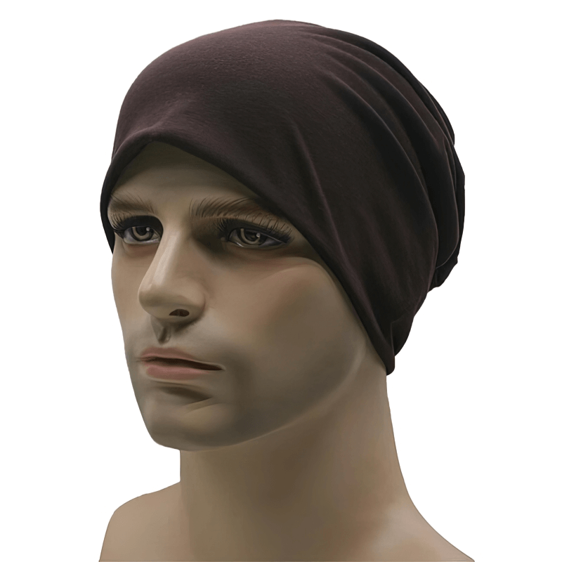 Windproof Thin Elastic Sports Beanie for Men SF1698 in lightweight brown cotton, worn by a model, great for outdoor activities.