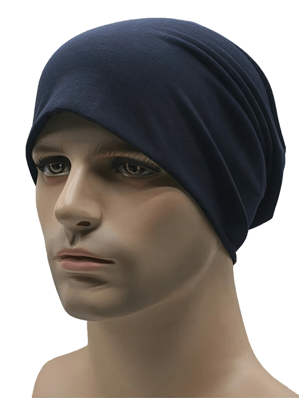 Mannequin wearing navy Windproof Thin Elastic Sports Beanie for men, perfect for outdoor activities and moisture-wicking comfort.