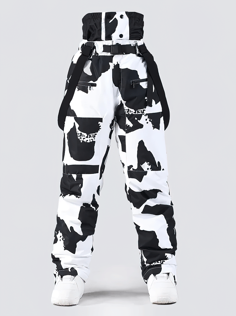 Windproof warm ski trousers with suspenders, unisex design, black and white pattern, perfect for skiing and snowboarding, SF1820.