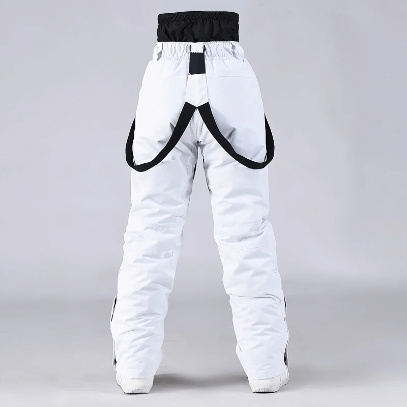 Unisex windproof ski trousers with suspenders in white, featuring button fly closure, designed for warmth and comfort, SF1820 model.