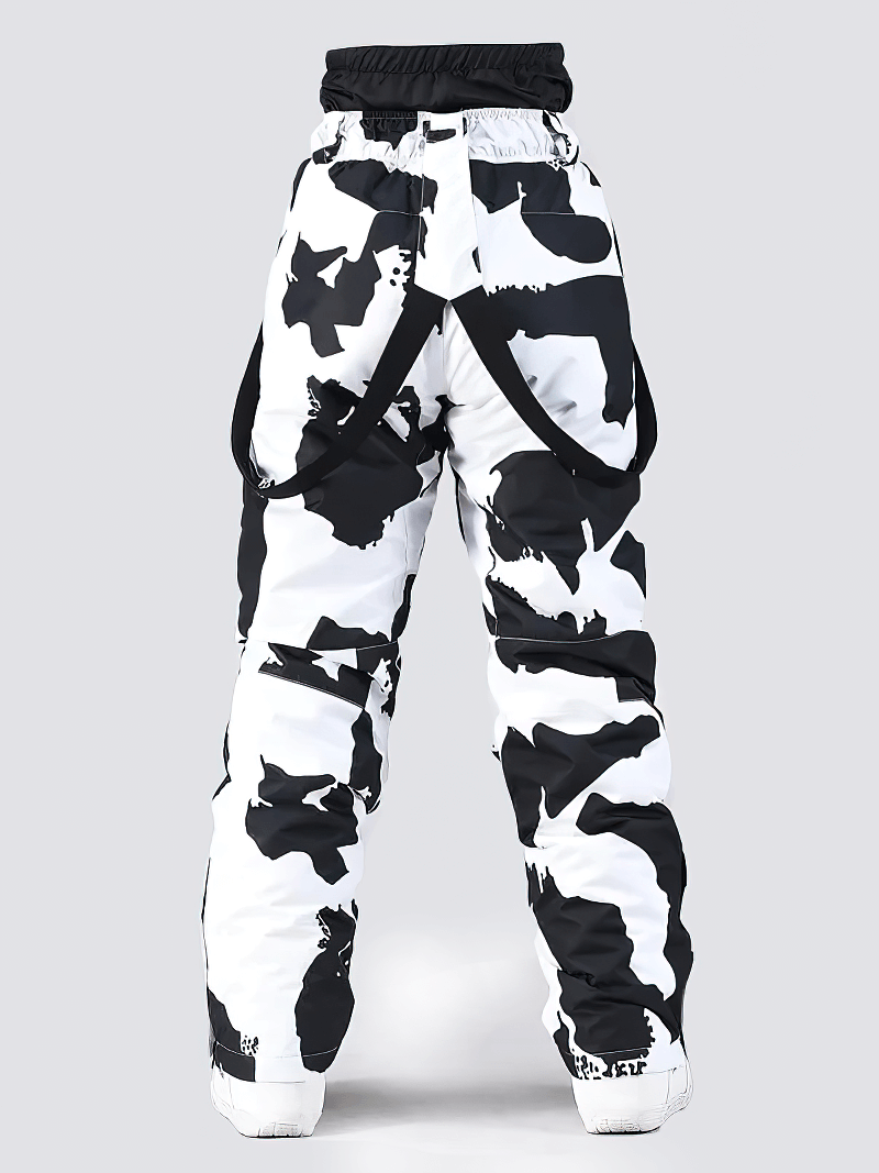 Windproof warm big ski trousers with suspenders in black and white pattern, featuring button fly and adjustable straps for unisex.