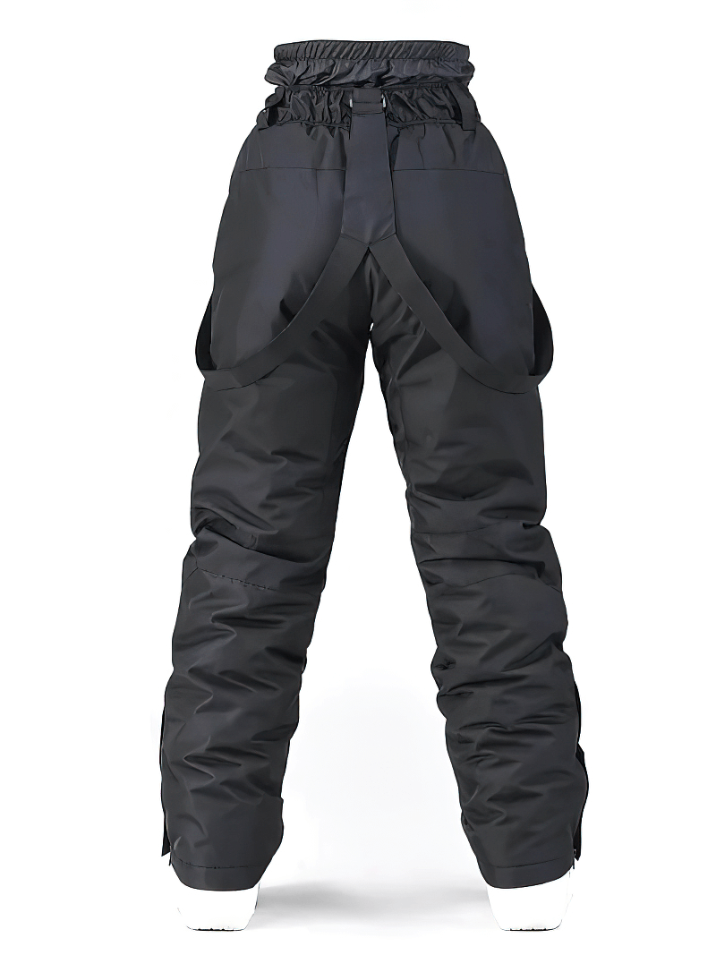 Black windproof warm ski trousers with adjustable suspenders, designed for unisex use, showcasing rear view, perfect for skiing.