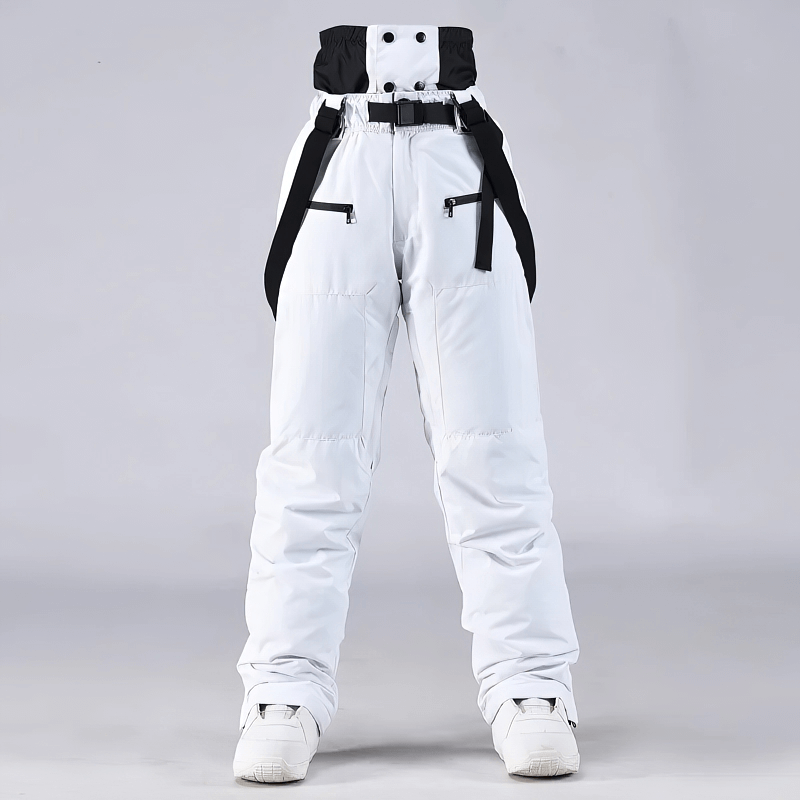 White windproof warm ski trousers with black suspenders, button fly, and durable cotton-polyester blend for skiing and snowboarding.
