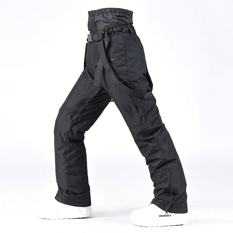 Unisex windproof warm ski trousers with suspenders, made of durable cotton and polyester, perfect for skiing and snowboarding adventures.