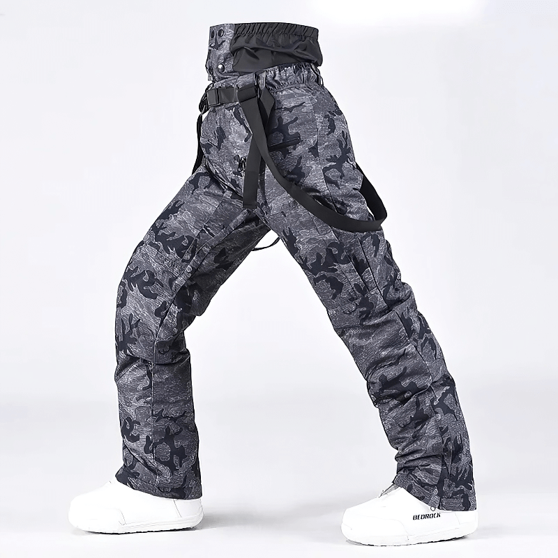 Windproof warm ski trousers with suspenders, camouflage pattern, durable cotton-polyester blend, unisex, perfect for skiing.