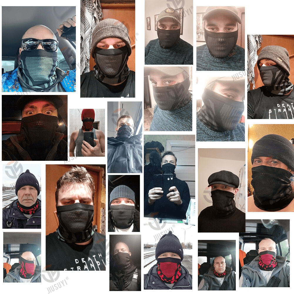 Collage of people wearing windproof warmer snowboard neck gaiters in various styles and colors.