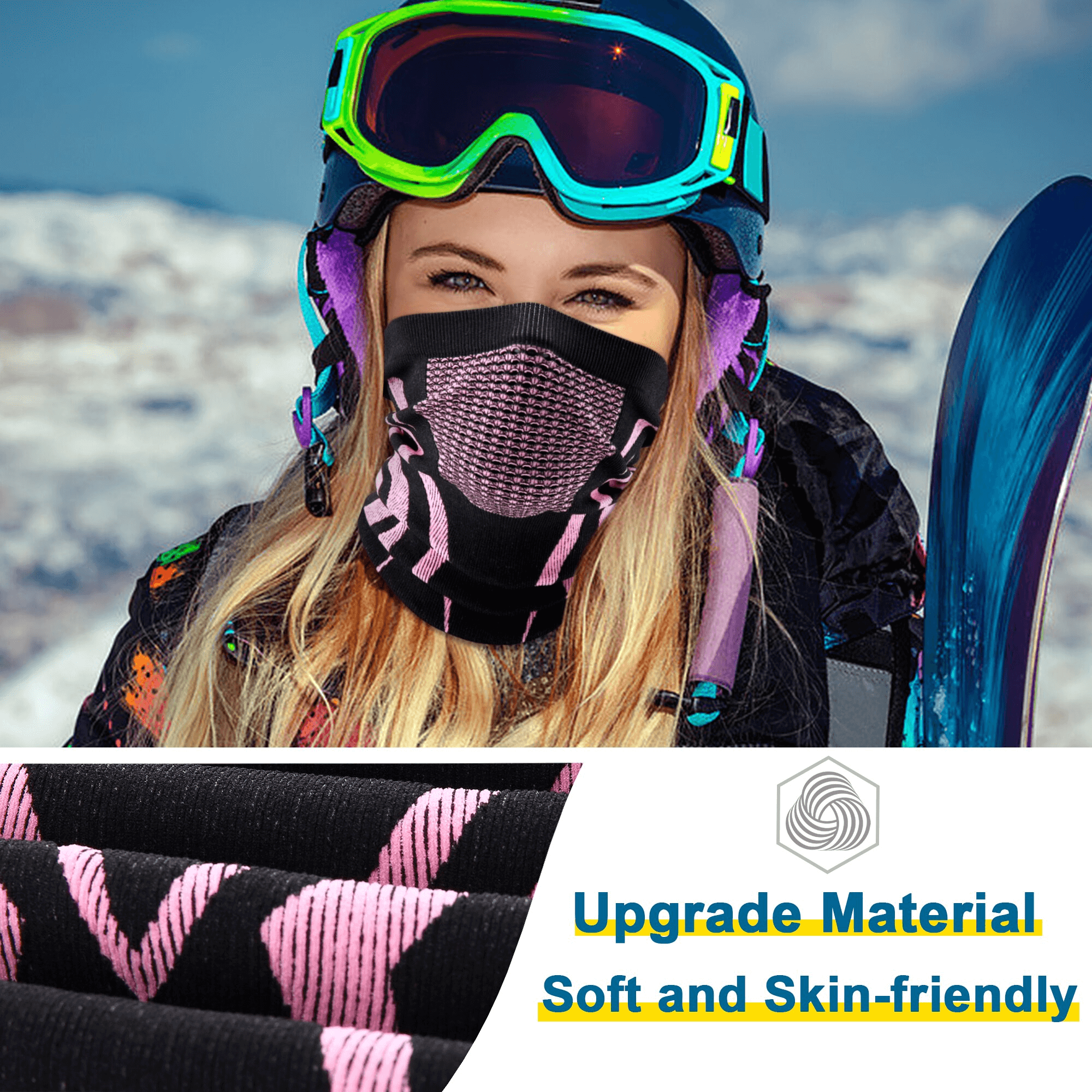 Woman wearing a windproof snowboard neck gaiter with ski goggles, featuring soft, skin-friendly material in a snowy mountain setting.