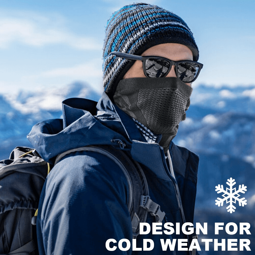 Person wearing windproof warmer snowboard neck gaiter in snowy mountains, designed for outdoor cold weather activities.