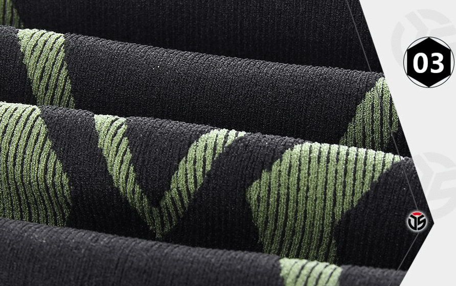 Close-up of windproof snowboard neck gaiter fabric design in black and green stripes, showcasing breathable material for outdoor sports.