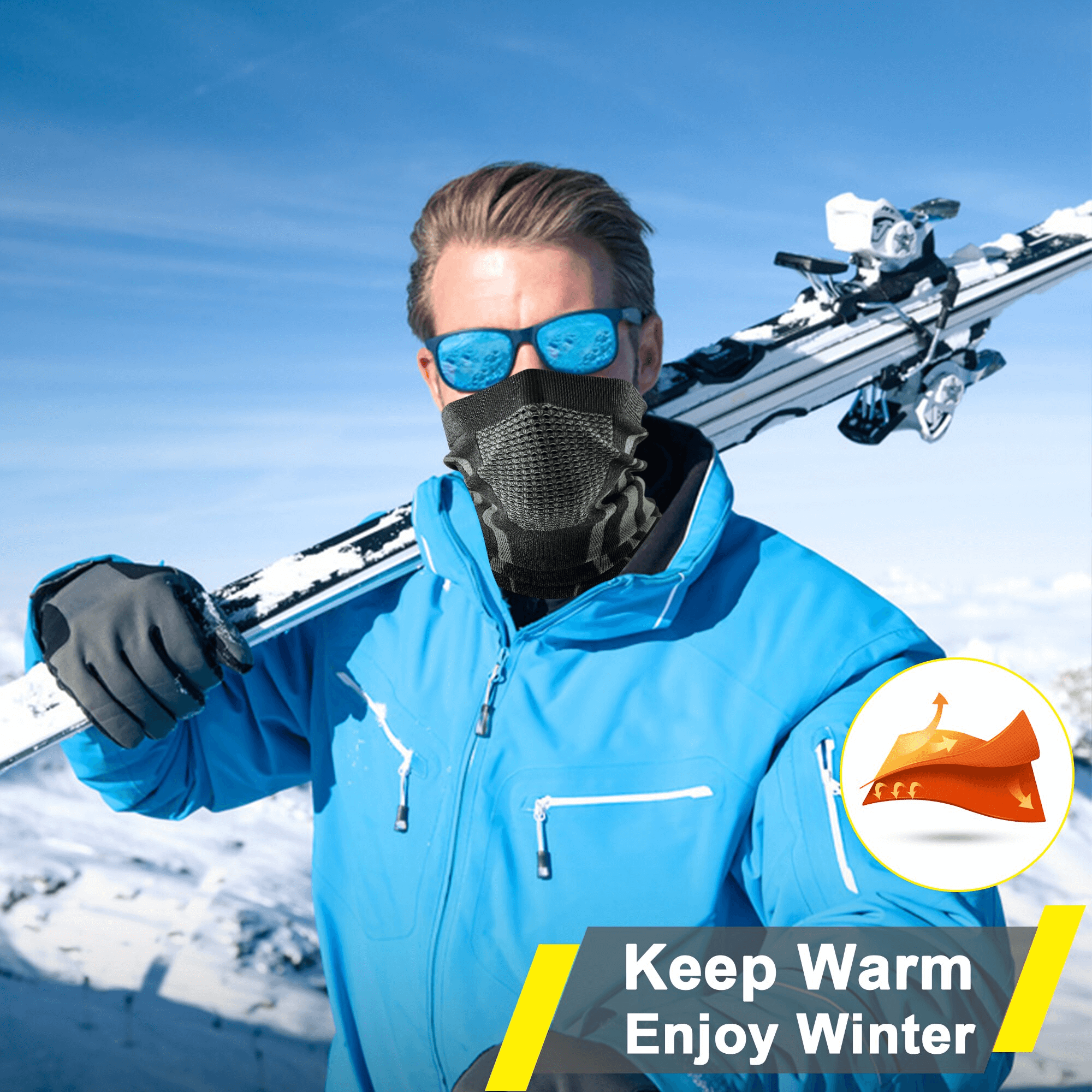 Man wearing windproof snowboard neck gaiter in snowy mountains, carrying skis, promoting warmth and winter enjoyment.