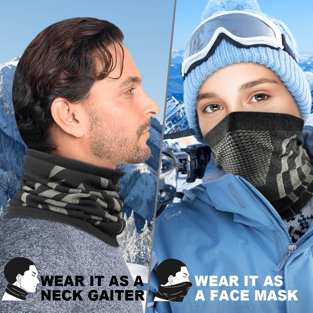 Man and woman wearing the SF1395 Windproof Warmer Soft Snowboard Neck Gaiter, versatile as a neck gaiter or face mask in snowy mountains.