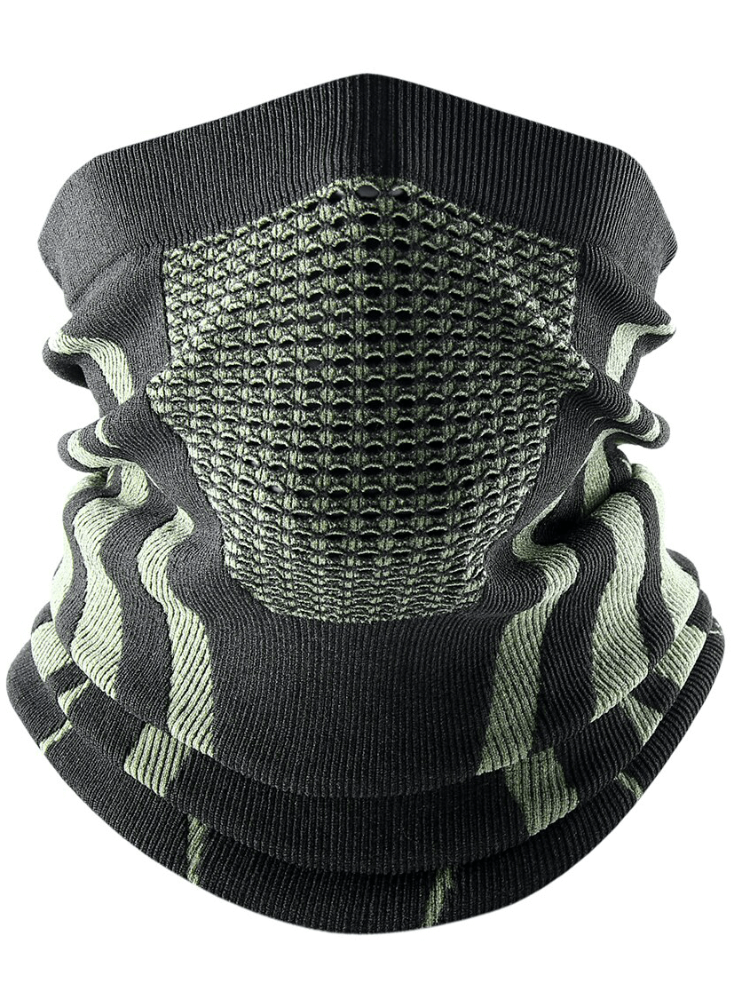 Black and green windproof snowboard neck gaiter with textured fabric for men and women, perfect for outdoor sports.