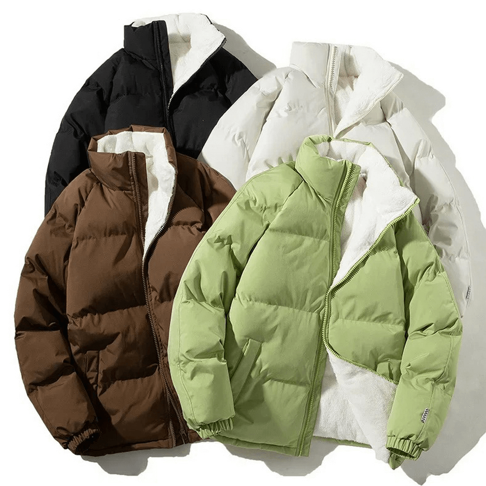 Colorful unisex puffer jackets for autumn and winter, featuring zip closures and cozy padding, in black, white, brown, and green.