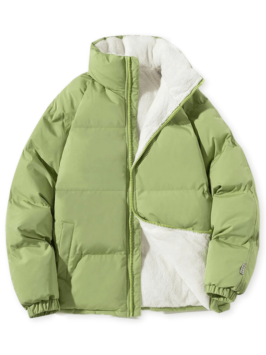 Lime green unisex puffer jacket with zipper, cozy cotton filling, suitable for autumn and winter warmth.