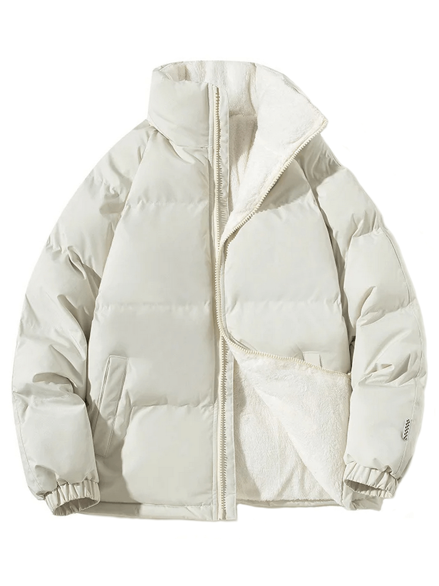 Warm white unisex puffer jacket with zipper and padded cotton-polyester mix for winter.