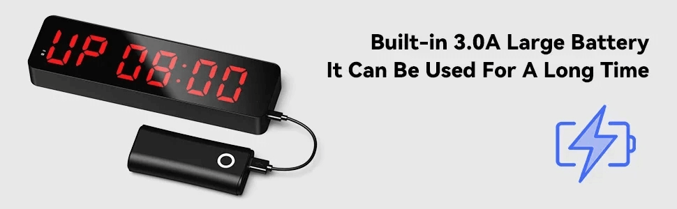 Wireless LED clock with remote, 3000mAh battery for long use, large display, and adjustable brightness for home or office use.