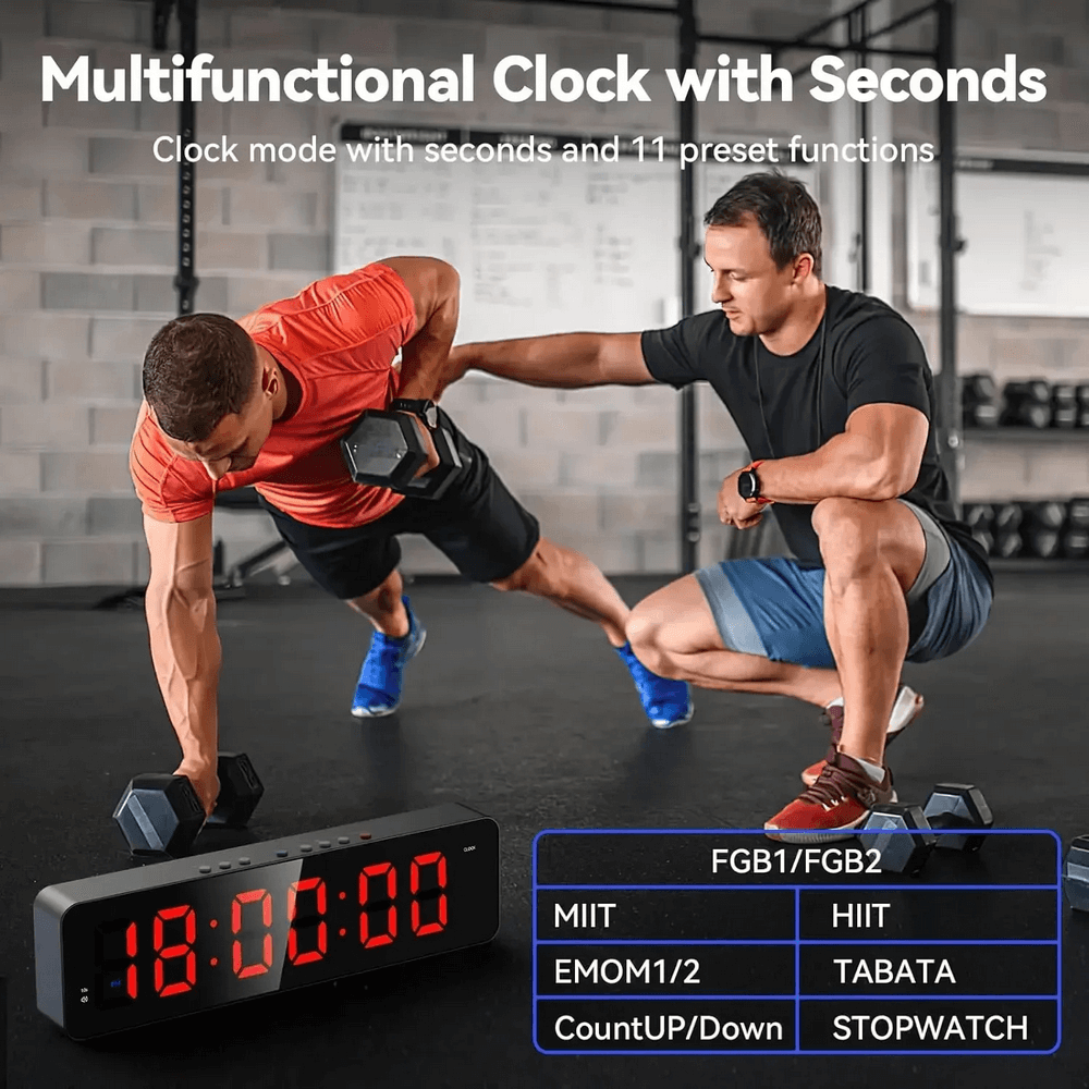 Men using multifunctional LED clock in a gym setting, displaying time and workout presets like HIIT, Tabata, and stopwatch.