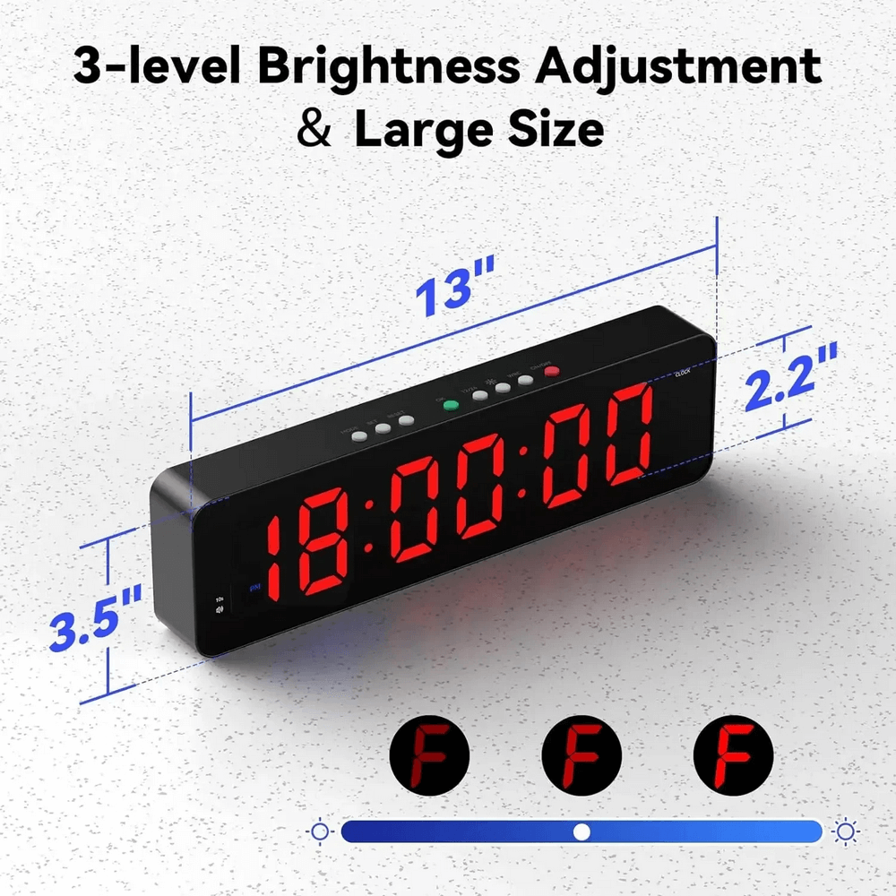 Wireless LED clock with remote, large display, 3-level brightness, 13-inch size, perfect for home or office use with battery power.