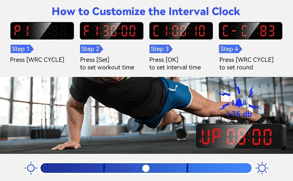 Man customizing a digital interval clock during workout with detailed instructions and LED display