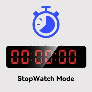 LED clock display showing stopwatch mode with stop symbol above, highlighting functionality of wireless clock with remote control SF3076