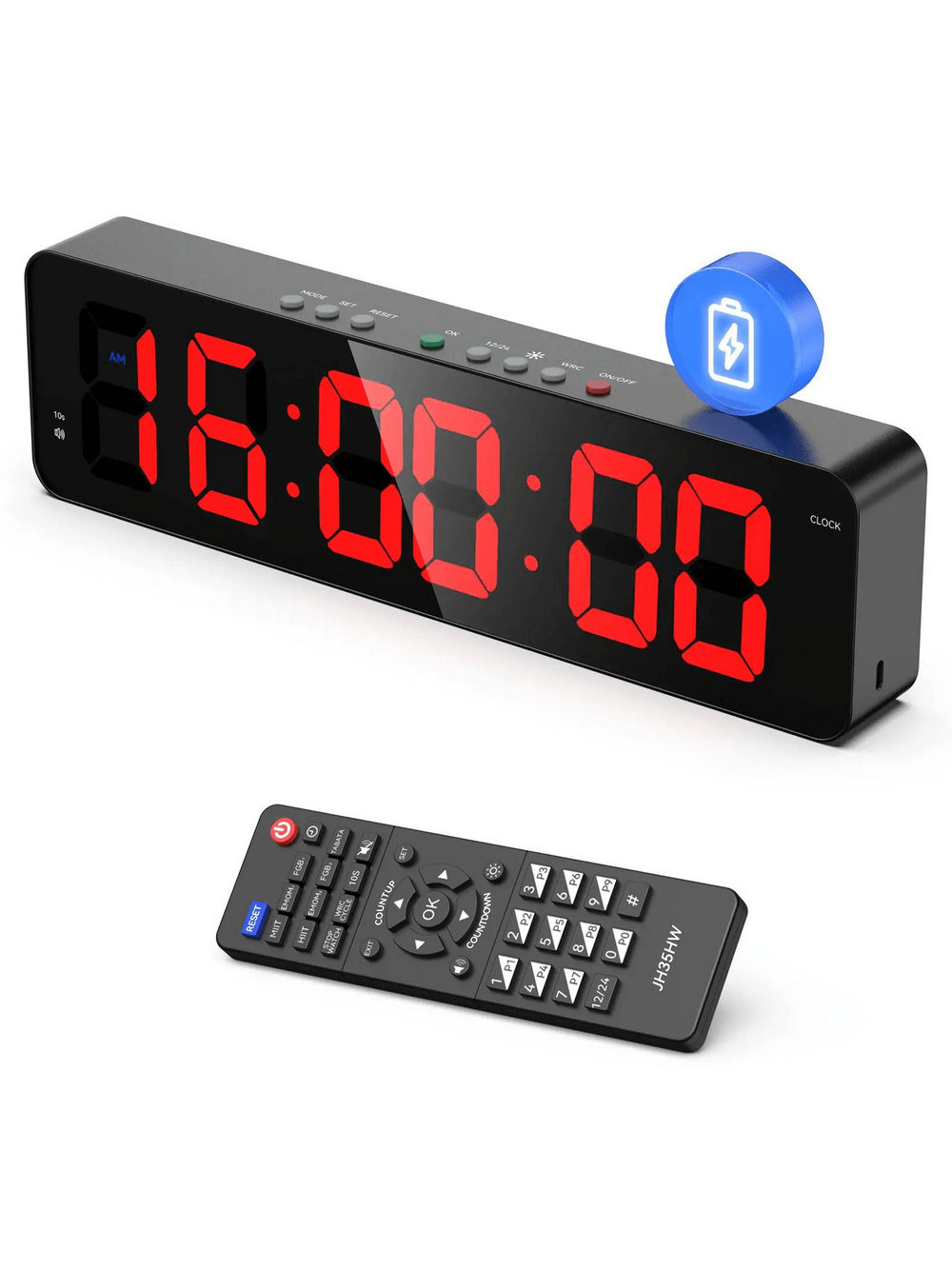 Wireless digital clock SF3076 with large LED display and remote control, featuring built-in battery for portable use at home or office.