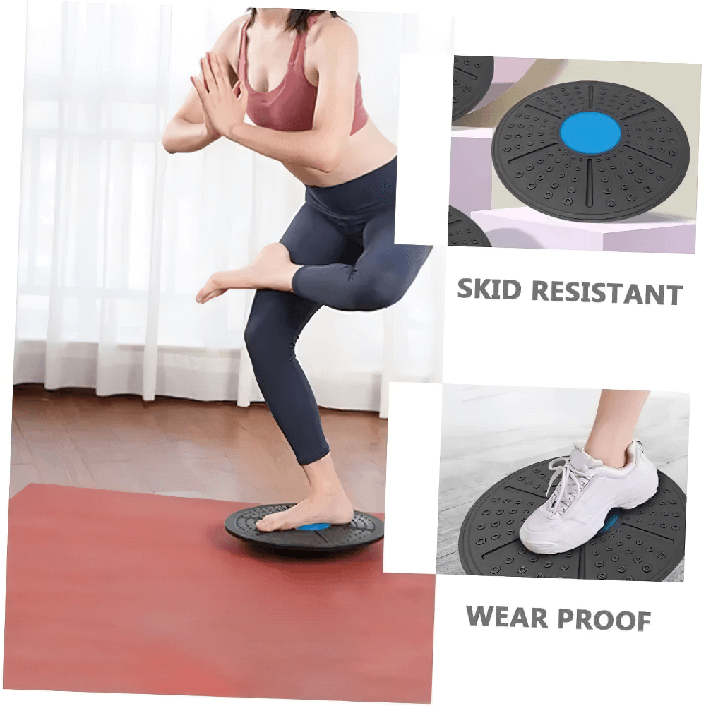Person balancing on SF3226 wobble board, enhancing core strength; features skid-resistant and wear-proof design for stability.