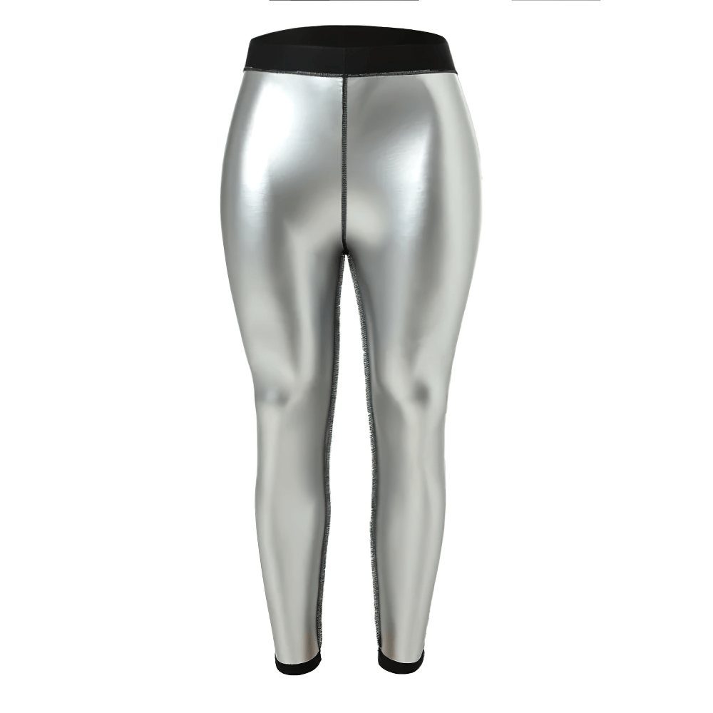Shiny silver women's sauna effect leggings for fitness, designed to enhance sweat production during workouts.