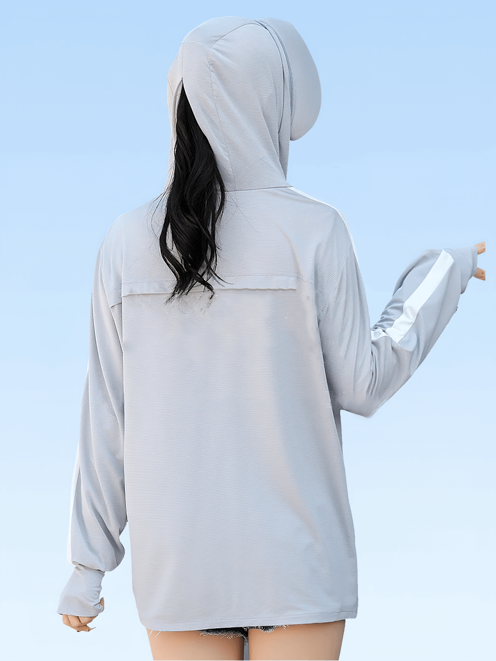 Women's Ice Silk UV Protection Windbreaker, back view. Breathable, lightweight, hooded summer jacket, perfect for outdoor activities.