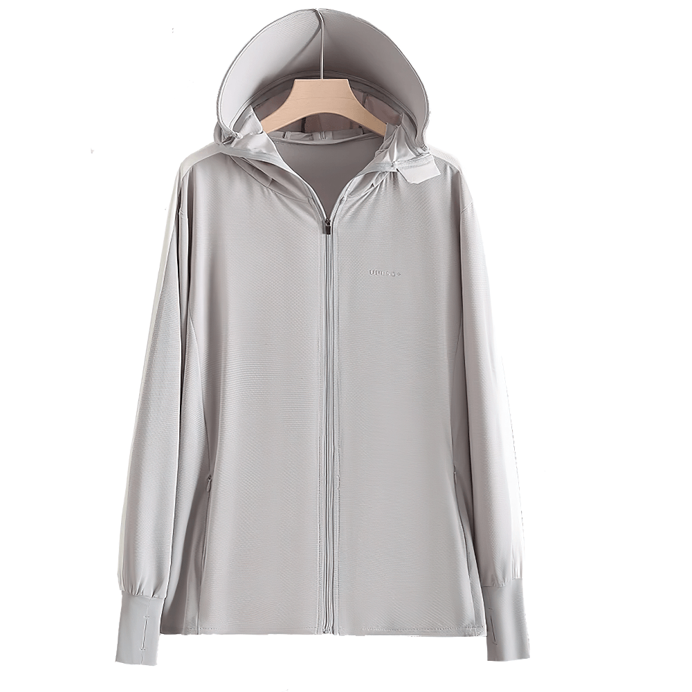 Light gray women's ice silk summer windbreaker with hood, ideal for UV protection and outdoor sports. Breathable and casual style.