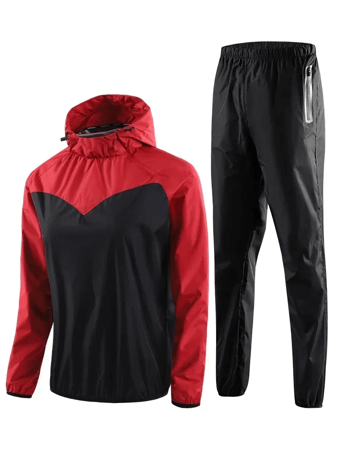 Women's Quick Dry Fitness Hooded Tracksuit in red and black, featuring a full-zip jacket and joggers for ultimate comfort and style. SF2044